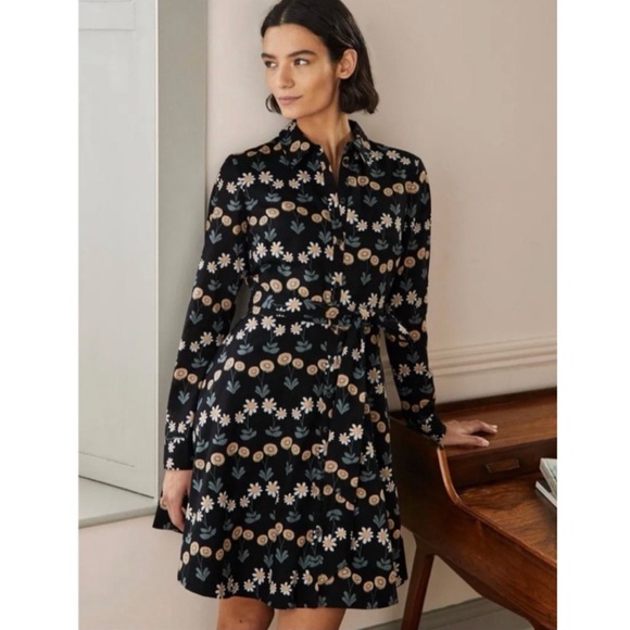Boden Kitty Midi Shirt Dress  in Black with Delicate Daisy Flowers - Picture 2 of 10